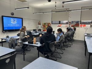 B Grade (Year 11) students training for their DAV debate with coach – past student Ciara Jenkins (2022).